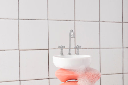 A surrealist composition featuring stacked pink soap bars topped with a miniature white sink. Set against clean white tiles, it is ideal for luxury soap brands or jewelry displays.の写真素材