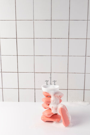 High-end conceptual photography showing a pink soap tower and tiny sink on white tiles. Perfect for...