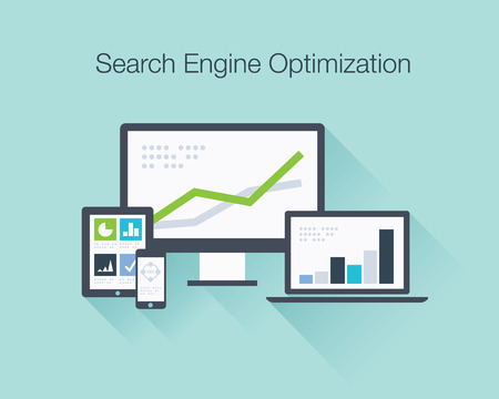 Search Engine Optimization flat icon illustration vector concept shows SEO data analysis in tablet, laptop, smartphone and computer iconsのイラスト素材