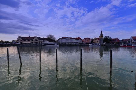 View of the famous harbour of Lindau, bavarian Town at Lake Constance, Germany, near Austria and Switzerlandの写真素材