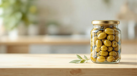 Glass jar of pickled green olives on wooden table in bright kitchen. Closeup, copy space for textの素材