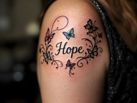 Tattoo of butterflies and the word âHopeâ on the shoulder of a fair-skinned woman. Close up.の素材