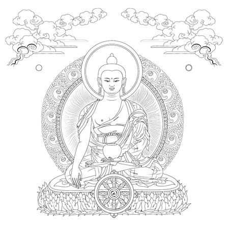 Vector illustration with Buddha in meditation clouds and Wheel of Dharma. Gautama Buddha. Black and white design.のイラスト素材