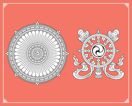 Dharma Wheel, Dharmachakra Icons. Wheel of Dharma in black and white design. Buddhism symbols. Symbol of Buddha's teachings on the path to enlightenment, liberation from the karmic rebirth in samsara.のイラスト素材