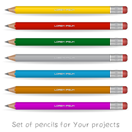 Set of realistic colored pencils with eraser on white background.のイラスト素材