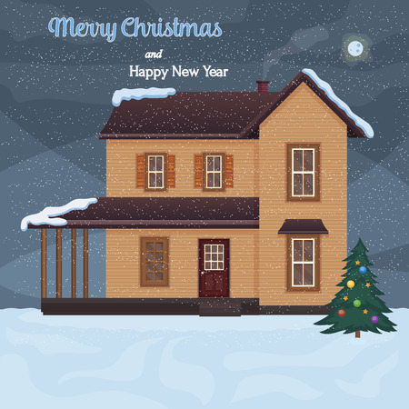 Christmas card with a house, tree and snow Cartoon design. Vector illustration.のイラスト素材