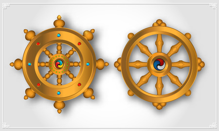 Dharma Wheel, Dharmachakra Icons. Wheel of Dharma in realistic design. Buddhism symbols. Symbol of Buddha's teachings on the path to enlightenment, liberation from the karmic rebirth in samsara.Wのイラスト素材