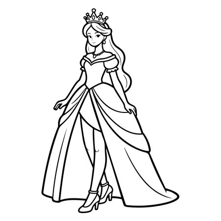 Princess in a long dress. Black and white vector illustration.のイラスト素材