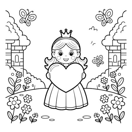 Cute little princess with heart and crown coloring book page for childrenのイラスト素材