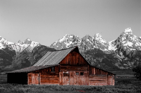 Black and white backgrounds makes a historic barn on Mormon Row standaout against the dramatic Grand Tetons in Wyoming の写真素材