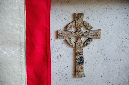 Cross and red and white cloth at podium in the sanctuary of St  Maryのeditorial素材
