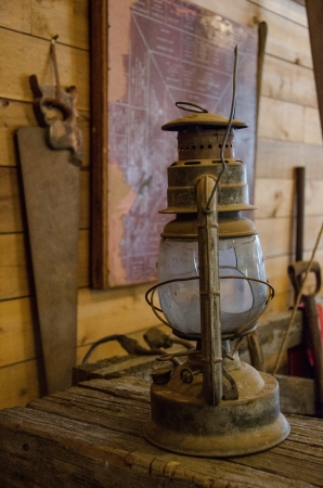 Antique lantern and tools in an old barn on the Fielding Garr Ranch on Antelope Island in the Great Salt Lake, near Salt Lake City, Utah のeditorial素材