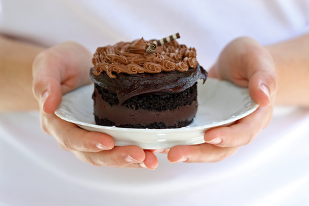 Luxurious chocolate dessert on plate held by female hands.の写真素材