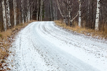 Small gravel road covered by first now of the autumnの写真素材