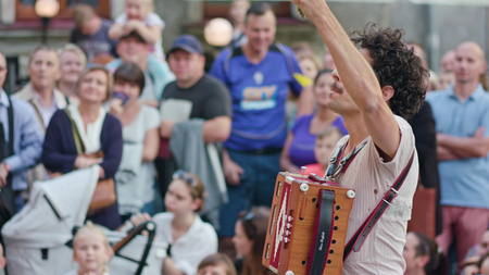 Lublin, Poland - July 2017: Mattatoio Sospeso performes aerial dance and clown show Out during Festival Sztukmistrzow. Sunny. Afternoon. Medium. Stabilizedのeditorial素材