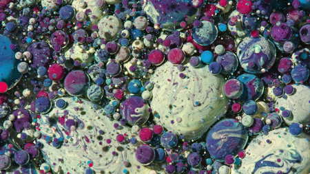 Bright Collors Bubbles Slow Motion Oil Ink. Fantastic structure of colorful bubbles. Chaotic motion....