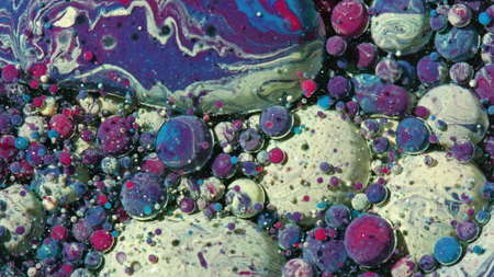 Bright Collors Bubbles Slow Motion Oil Ink. Fantastic structure of colorful bubbles. Chaotic motion....