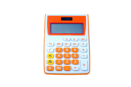 calculator white orange on white background.の写真素材