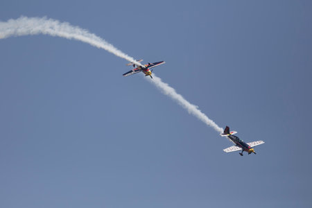 Porto, Portugal - September 1, 2017: Red Bull air race. Training day. Airplane in a tight maneuver...