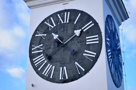 View over the beautiful winter day in the tower with a clock at Petrovaradin fortress near Novi Sad,...