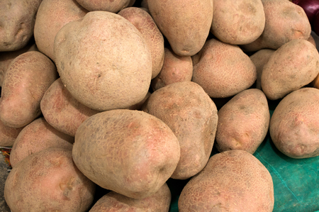 A bunch of brown potatoes on the market, Novi Sad, Serbiaの写真素材