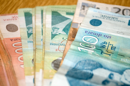 Serbian currency dinar. Banknotes of 500, 200 and 100 dinars