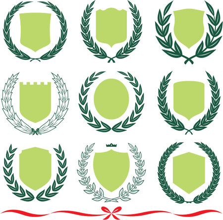 Insignia designs set  shields, laurel wreaths and ribbons. Vector illustrations isolated on white backgroundのイラスト素材