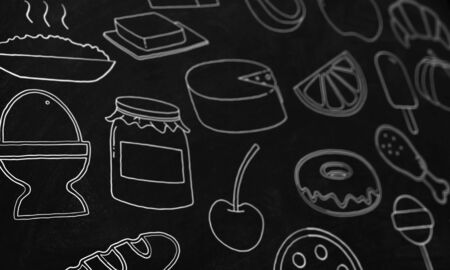 3D Hand drawn doodles food in blackboard with shallow depth of field and focusの写真素材