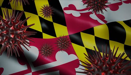 A coronavirus spinning with Maryland flag behind as epidemic outbreak infection in Marylandの写真素材