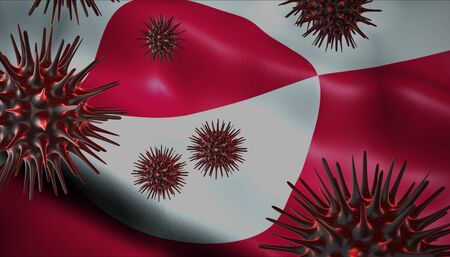 A coronavirus spinning with Greenland flag behind as epidemic outbreak infection in Greenlandの写真素材