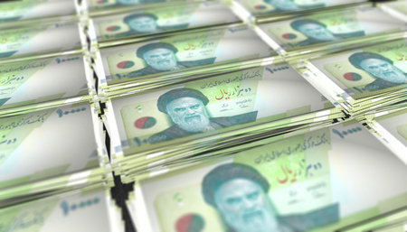3D Iranian rial bills stacks backgroundの写真素材