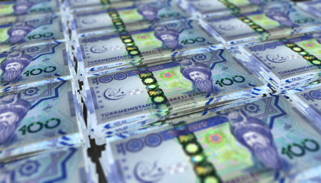 3D illustration of Turkmen manat bills stacks background