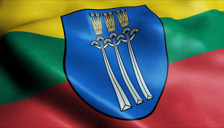 3D Illustration of a waving Lithuanian city flag of Druskininkaiの写真素材