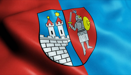 3D Illustration of a waving Poland city flag of Kamienna Goraの写真素材