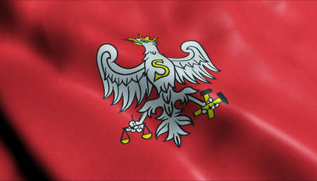 3D Illustration of a waving Poland city flag of Slawkowの写真素材