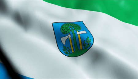 3D Illustration of a waving Poland city flag of Mysleniceの写真素材