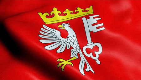3D Illustration of a waving Poland city flag of Rogoznoの写真素材