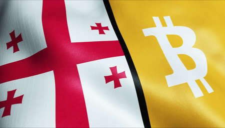 3D Illustration of waving Bitcoin and Georgia flagの写真素材