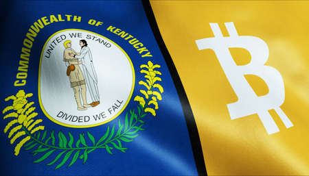 3D Illustration of waving Bitcoin and Kentucky flagの写真素材