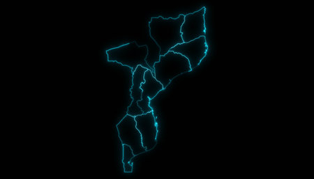 Abstract map outline of Mozambique with Provinces glowing outline in black backgroundの写真素材