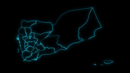 Abstract map outline of Yemen with Governorates glowing outline in black backgroundの写真素材
