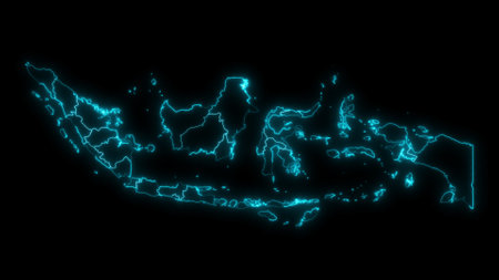 Abstract map outline of Indonesia with Provinces glowing outline in black backgroundの写真素材