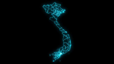 Abstract map outline of Vietnam with Provinces glowing outline in black backgroundの写真素材