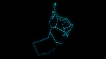 Abstract map outline of Oman with Governorates glowing outline in black backgroundの写真素材