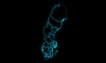 Abstract map outline of Sweden with Counties glowing outline in black backgroundの写真素材