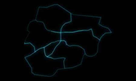 Abstract map outline of Andorra with Parishes glowing outline in black background