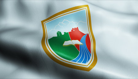 3D Waving Bosnia and Herzegovina City Flag of Travnik Closeup Viewの写真素材
