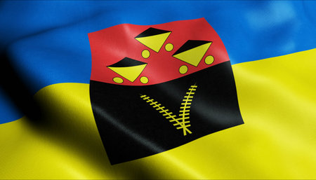3D Illustration of a waving Ukraine city flag of Chervonohradの写真素材