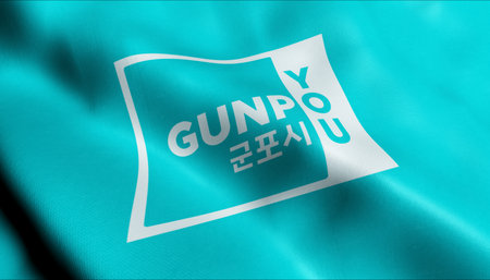3D Illustration of a waving South Korea city flag of Gunpo