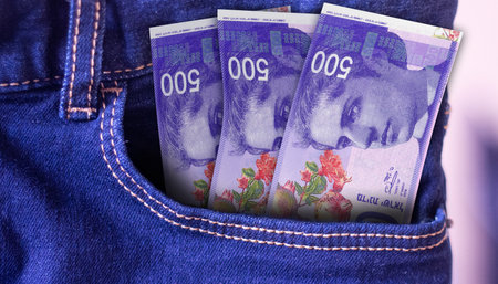 Bunch of Israel 50 New Shekels banknotes in a jeans pocket a concept of spending